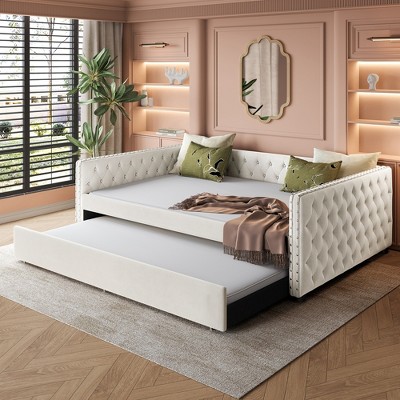 KIGFTSOD Full Size Daybed, Upholstered Tufted Sofa Bed with Trundle