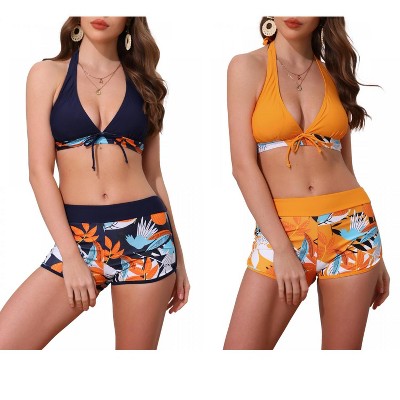 INSPIRE CHIC Women's Leaf Print Color Block Halter Top Boyshorts Bottom Swimwear Bathing Bikini Suits 2 Sets