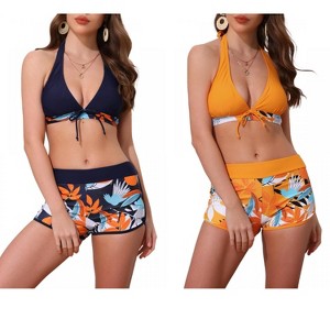 INSPIRE CHIC Women's Leaf Print Color Block Halter Top Boyshorts Bottom Swimwear Bathing Bikini Suits 2 Sets - 1 of 4
