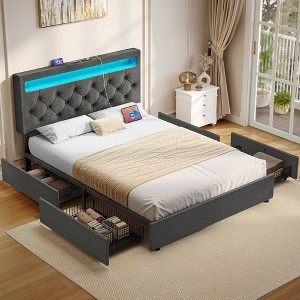 Greenstell Bed Frame with Adjustable Upholstered Headboard  and Storage 4 Drawers Charging Station & LED Lights Wood - 1 of 4