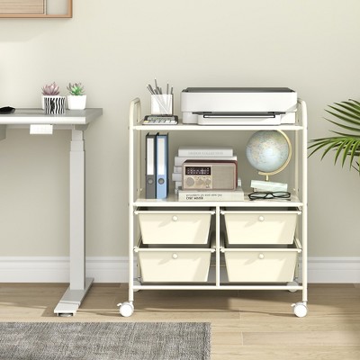 White Metal Rolling Storage Cart with 4 Drawers and Shelves