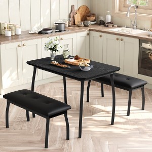 3-Piece Retro Dining Set, Space-Saving Table & 2 Upholstered Benches for 4, Chamfer Design Metal Frame Kitchen Furniture for Apartments - 1 of 4