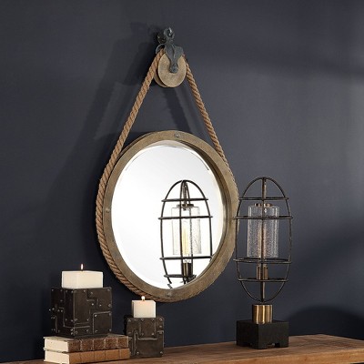 Rustic Round Brown Wood Pulley Mirror with Rope Detail