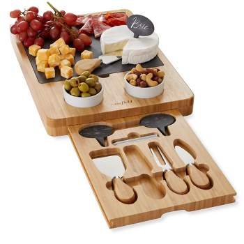 Casafield Bamboo Charcuterie Cheese Board with Slate Cheese Plate, Ceramic Bowls, Stainless Knives, and Cheese Markers
