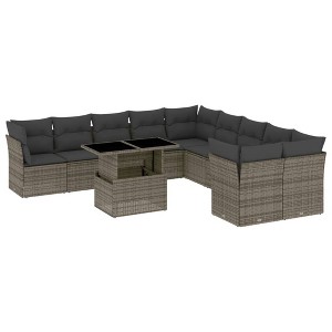 vidaXL 11 Piece Patio Sofa Set with Cushions - Gray Poly Rattan - 1 of 4