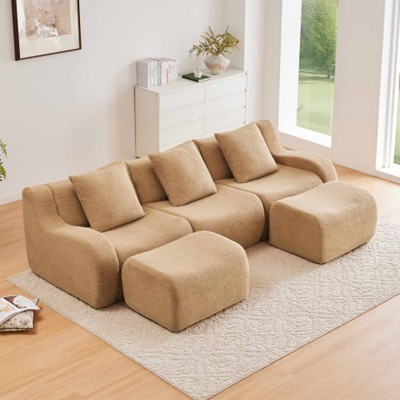Aukfa Modular Teddy Fabric Sofa,Convertible Modular Sectional Sofa Set , 3-Seats with 1/2/3 Ottoman Soft Boneless Design for Living Room