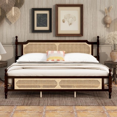 King Size Rustic Bed with Rattan Headboard and Footboard, Pine Wood Frame Bed with 10 Slats for Bedroom-Baofuwish
