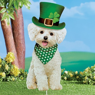 Festive Iron Bichon Frisé Garden Stake with Green Hat