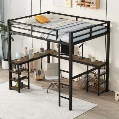 ALEXOUN Heavy Duty Metal Full Size Loft Bed,with L-Shape Desk and Storage Shelves,Ladder for Teens,or Bedroom, Dorm,Apartment Space-Saving Black