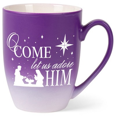 Elanze Designs O Come Let Us Adore Him Two Toned Ombre Matte Purple and White 12 ounce Ceramic Stoneware Coffee Cup Mug