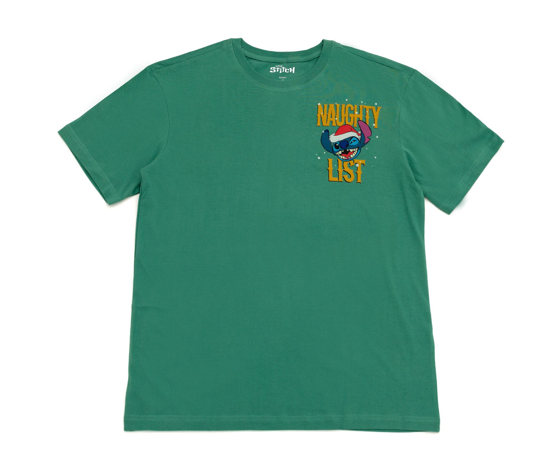 Disney Lilo & Stitch Christmas Mens T-Shirt Deep Sage Green Naughty List Large