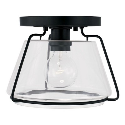 Vintage Lantern-Inspired Matte Black and Clear Glass 1-Light Flush Mount