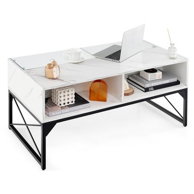 Tangkula High-gloss LED Coffee Table w/ Faux Marble & Tempered Glass Top 4 Storage Cubes