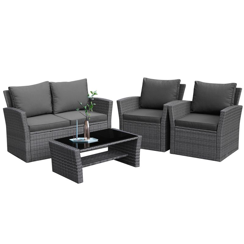 Tangkula 4-Piece Rattan Wicker Patio Outdoor Furniture Sofa Set with Cushions & Tempered Glass Table, 1 of 11