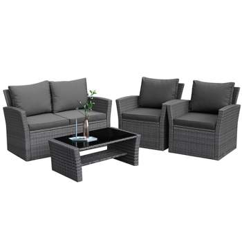 Tangkula 4-Piece Rattan Wicker Patio Outdoor Furniture Sofa Set with Cushions & Tempered Glass Table