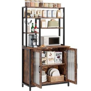 Bakers Rack with Cabinet 5 Tier Microwave Stand 63.78" Standing Bakers Rack with Door Tall Coffee Bar Brown Home Bar Cabinet - 1 of 4