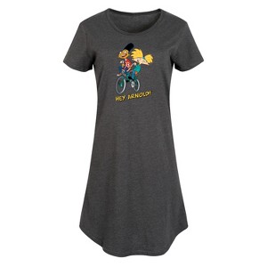 Women's Hey Arnold! Arnold and Gerald on Bike Graphic T-shirt Dress - Heather Charcoal - 3X - 1 of 4