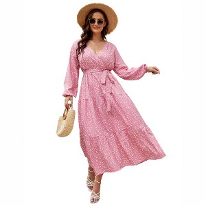 Plus Size Women's V Neck Long Sleeve Maxi Dress Floor Length Elegant Casual - 1 of 4