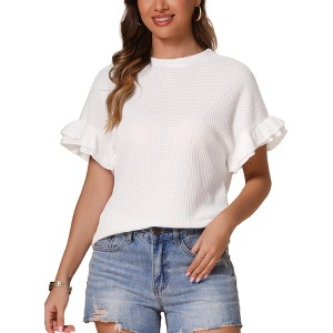 INSPIRE CHIC Women's Crewneck Ruffle Sleeves Waffle Knit Blouses - 1 of 4