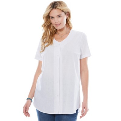 Woman Within Plus Size Seersucker Baseball Shirt