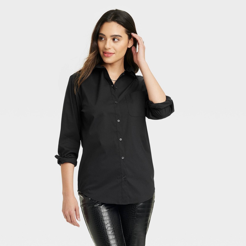 Women's Slim Fit Boyfriend Tailored Long Sleeve Button-Down Shirt - A New Day™ Black M