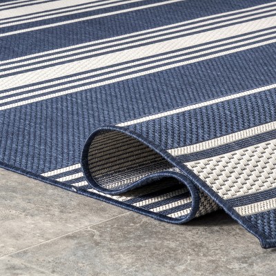 Navy Striped Washable Synthetic 8' x 10' Indoor/Outdoor Rug