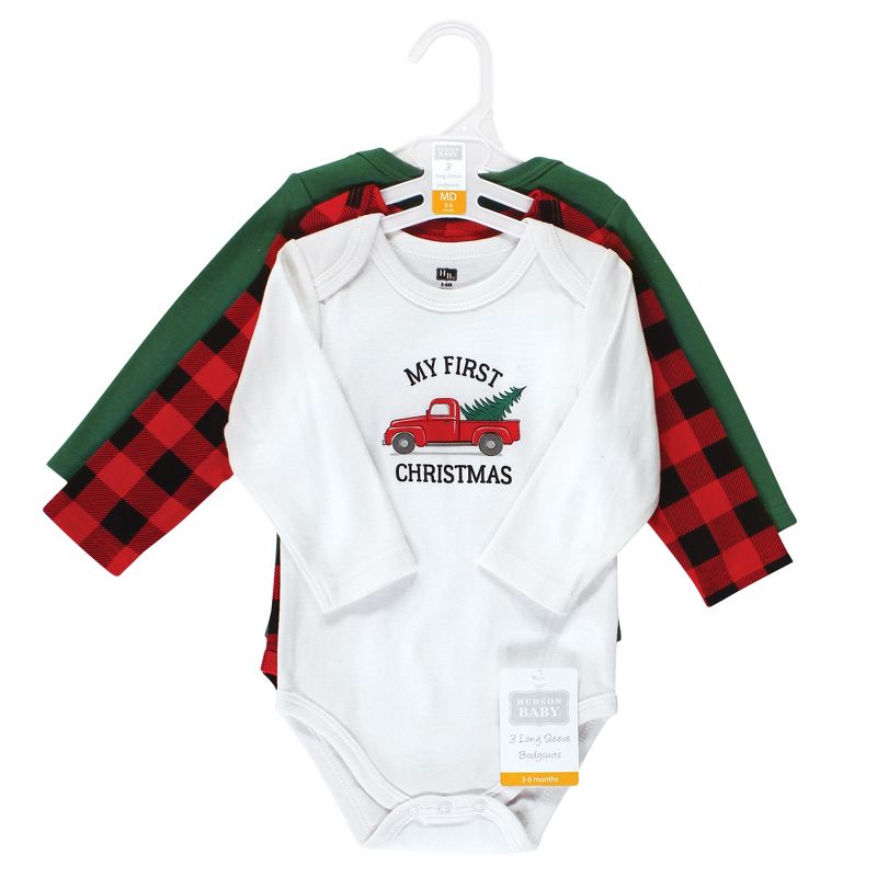 Hudson Baby Unisex Baby Cotton Long-Sleeve Bodysuits, Christmas Tree 3-Pack, 2 of 6