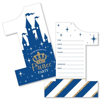  Big Dot of Happiness 1st Birthday Royal Prince Charming - Shaped Fill-in Invites - First Birthday Party Invitation Cards with Envelopes - Set of 12 