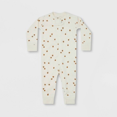 Q by Quincy Mae Baby Nectarine Brushed Jersey Zipper Long Sleeve Pajama Jumpsuit - Ivory/Orange 0-3M