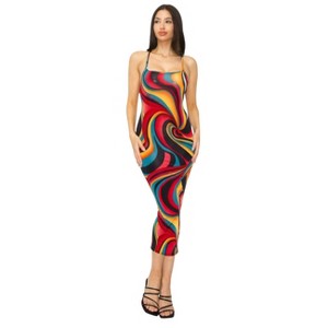 Slickblue Marble Print Bodycon Midi Dress with Crossed Back, Stretch Fit, Multi Red/Multi Olive, Size S-L - 1 of 4