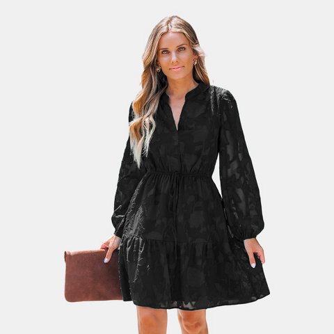 Женские платья Cupshe Women's V-neck Waist Tie Long Sleeve Mini Dress - Cupshe-XS-Black