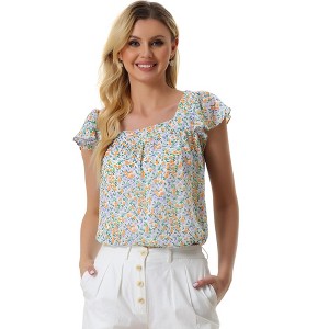 INSPIRE CHIC Women's Chiffon Ruffle Sleeve Square Neck Floral Print Blouse - 1 of 4