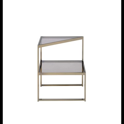 Antique Gold Triangular Metal & Glass Dual-Tier End Table
