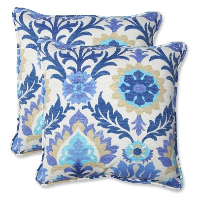 2pc Square Outdoor Decorative Throw Pillow Set - Blue/White Damask - Pillow Perfect