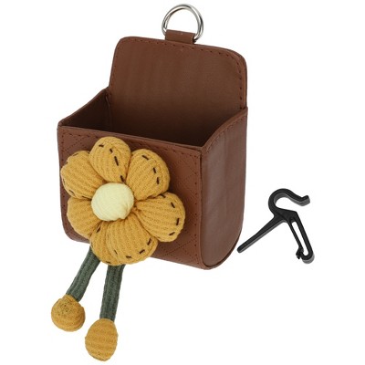 Unique Bargains 1 Pc Car Trash Can Hanging Trash Bin 3.5" Length 2.0" Width 4.3" Height Yellow Brown Faux Leather