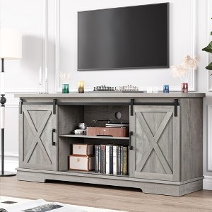 65-Inch Farmhouse TV Stand with Sliding Barn Doors, Adjustable Shelves & Storage Console for Living Room Bedroom, Grey - 1 of 4
