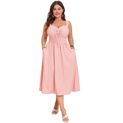 Coolmee Plus Size Summer Dress for Women Sleeveless Spaghetti Strap V Neck Tie Front A Line Casual Beach Midi Dress