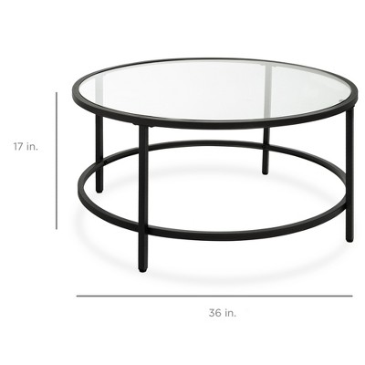 Elegant 36in Round Black Tempered Glass Coffee Table with Metal Frame