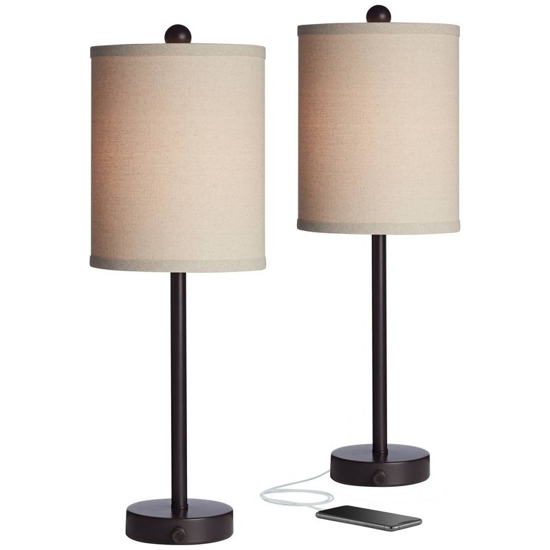 360 Lighting Trotter Modern Table Lamps 23 3/4" High Set of 2 Oiled Bronze with USB and AC Power Outlet in Base Burlap Shade for Living Room Home Desk, 1 of 10