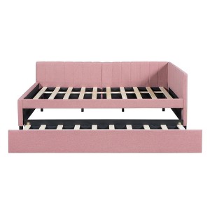Full Size Upholstered Daybed with Trundle Sofa Bed Frame No Box Spring Needed, Linen Fabric(Pink) - 1 of 4