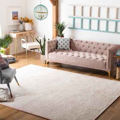 Ivory and Pink Hand-Tufted Wool Floral Square Rug