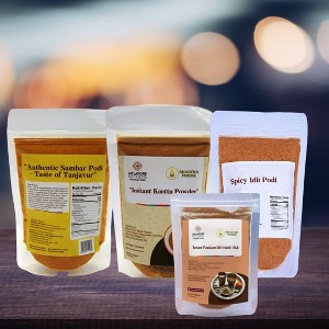 Mylapore Kitchen Mix Combo F - Authentic sambar podi-100g , Instant kootu powder -100g ,Panakam Mix -50g & Spicy Idly Podi -150g (PACK OF 4) - 1 of 4