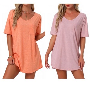 INSPIRE CHIC Women's 2 Pcs Soft V-Neck Curved-Hem Cozy Oversized Nightshirt with Chest Pocket - 1 of 4