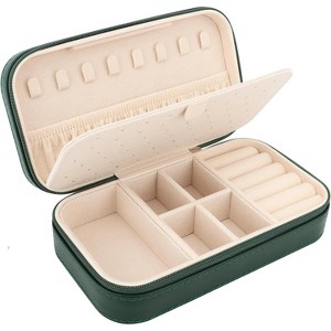 PU Leather Travel Jewelry Case Beige Color Compact Organizer for Earrings Necklaces - 1 of 4