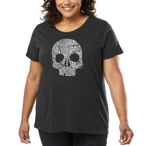 LA Pop Art Women's Word Art T-shirt - Flower Skull - 1 of 4
