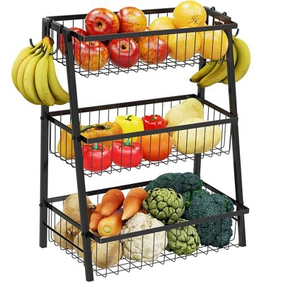 Simple Trending 3 Tier Fruit Basket Metal Wire with 4 Banana Hooks, Countertop Fruit Vegetable Basket