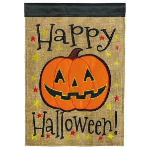 Happy Halloween Bright Orange and Black 29 X 42 Burlap Outdoor Hanging Garden Flag - 1 of 2