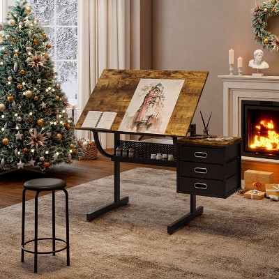 VYNXARIA Black Drafting Drawing Table with Stool and 3 Drawers - Ideal for Creative Workspaces