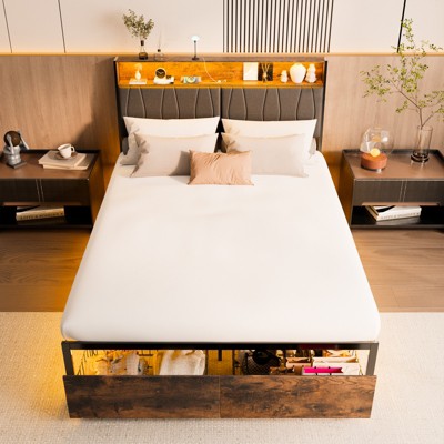 COMHOMA Metal Bed Frame with 2 Storage Drawers,  Power Outlets, 2-Tier Storage Headboard, LED Lighting