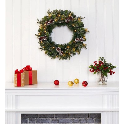 Snowed Pinecone Artificial Christmas Wreath with Clear LED Lights